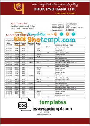 editable template, Bhutan Druk PNB bank statement template in Word and PDF format