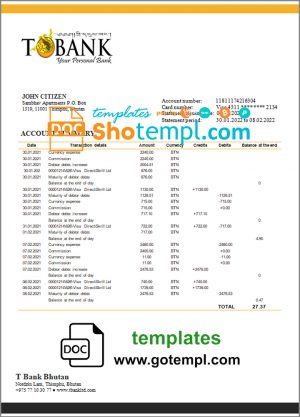 editable template, Bhutan T bank statement template in Word and PDF format