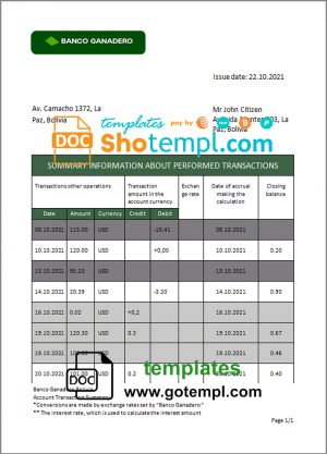 editable template, Bolivia Banco Ganadero bank statement template in Word and PDF format
