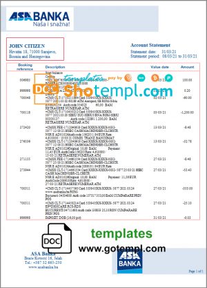 editable template, Bosnia and Herzegovina ASA Banka bank statement template in Word and PDF format
