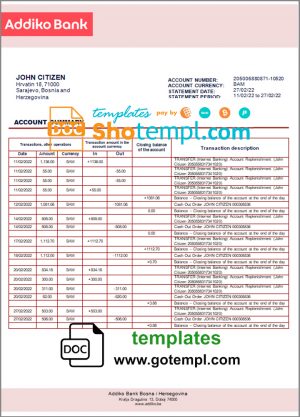 editable template, Bosnia and Herzegovina Addiko bank statement template in Word and PDF format