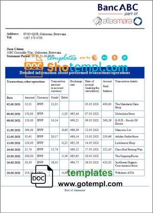 editable template, Botswana Bank ABC bank statement template in Word and PDF format