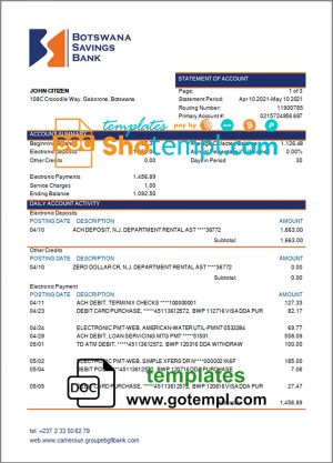editable template, Botswana Savings Bank statement template in Word and PDF format