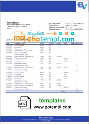 editable template, Brazil Banco Votorantim bank statement template in Word and PDF format