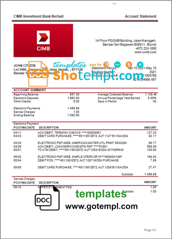 editable template, Brunei CIMB proof of addres statement template in Word and PDF format