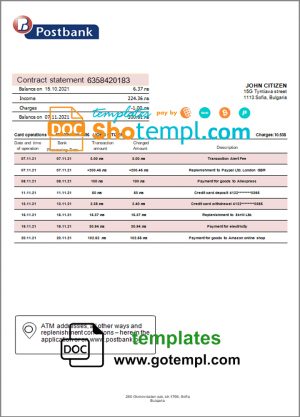 editable template, Bulgaria Postbank bank proof of addres statement template in Word and PDF format