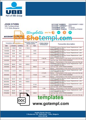 editable template, Bulgaria UBB bank proof of addres statement template in Word and PDF format