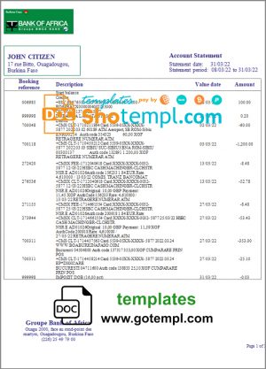 editable template, Burkina Faso Bank of Africa bank statement template in Word and PDF format