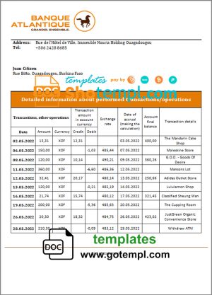 editable template, Burkina Faso Banque Atlantique bank statement template in Word and PDF format