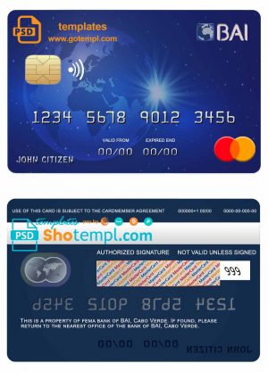editable template, Cabo Verde BAI bank mastercard credit card template in PSD format, fully editable