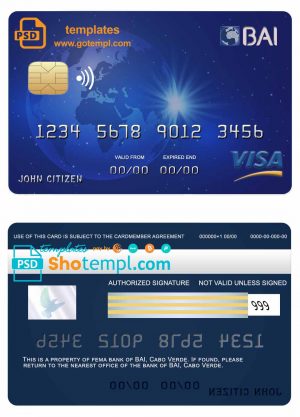 editable template, Cabo Verde BAI bank visa card credit card template in PSD format, fully editable