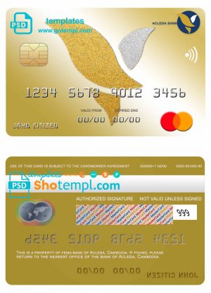 editable template, Cambodia Acleda bank mastercard template in PSD format, fully editable