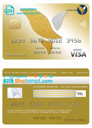 editable template, Cambodia Acleda bank visa card template in PSD format, fully editable