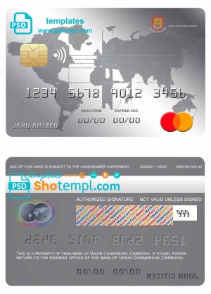 editable template, Cambodia Union Commercial bank mastercard credit card template in PSD format, fully editable