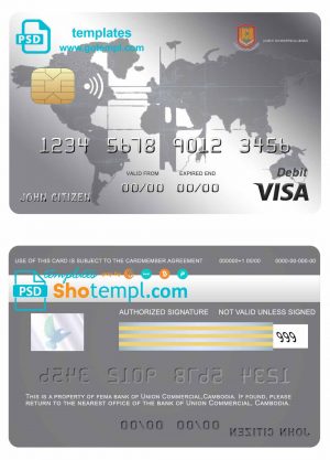 editable template, Cambodia Union Commercial bank visa credit card template in PSD format, fully editable