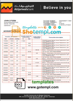 editable template, Cameroon SCB bank statement template in Word and PDF format