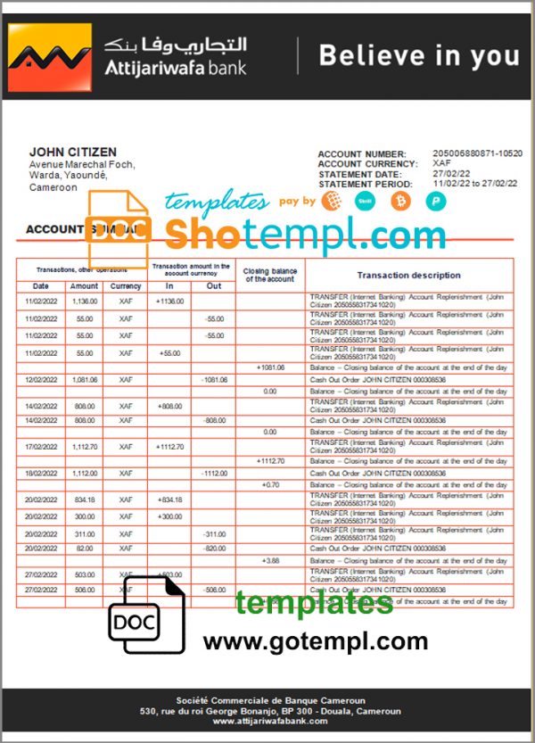 editable template, Cameroon SCB bank statement template in Word and PDF format