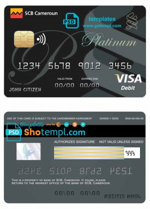editable template, Cameroon SCB bank visa credit card template in PSD format, fully editable