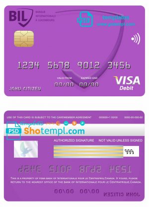 editable template, Canada Internationale pour le Centrafrique bank visa card template in PSD format, fully editable