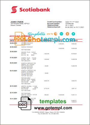 editable template, Canada Scotiabank bank statement template in Word and PDF format