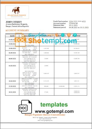 editable template, Central African Republic Banque Populaire Maroco Centrafricaine bank statement template in Word and PDF format