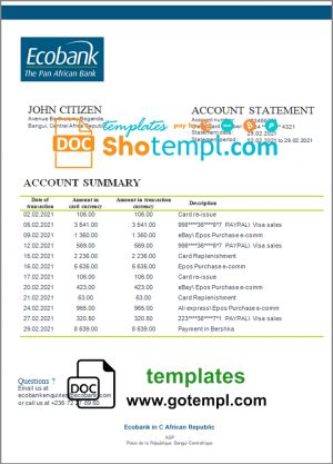 editable template, Central African Republic Ecobank bank statement template in Word and PDF format
