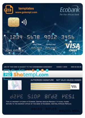 editable template, Central African Republic Ecobank visa card template in PSD format, fully editable