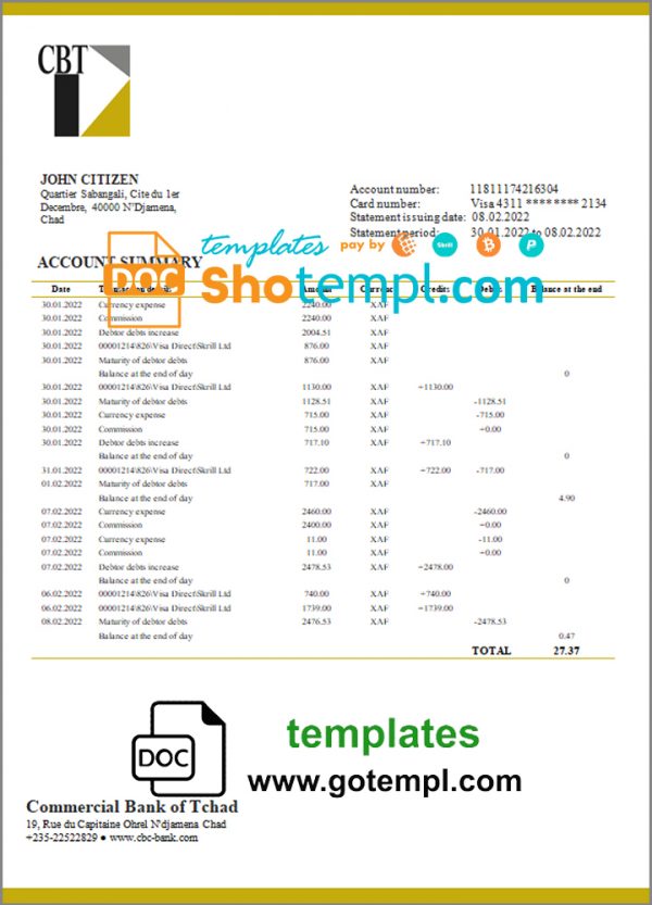 editable template, Chad Commercial Bank of Tchad bank statement template in Word and PDF format