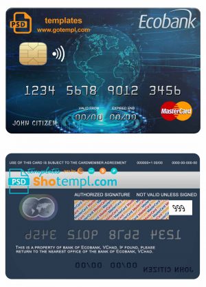 editable template, Chad Ecobank mastercard credit card template in PSD format, fully editable