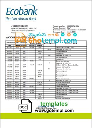 editable template, Chad Ecobank bank statement template in Word and PDF format