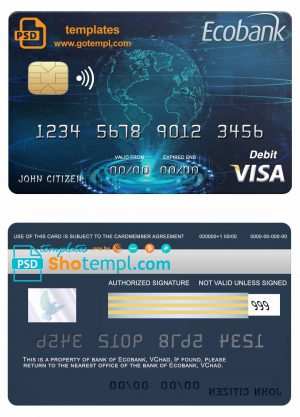 editable template, Chad Ecobank visa credit card template in PSD format, fully editable