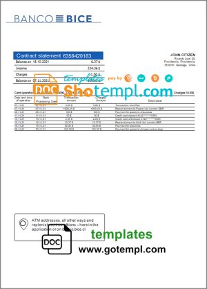 editable template, Chile Banco Bice bank statement template in Word and PDF format