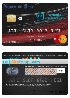 editable template, Chile Banco de Chile bank mastercard credit card template in PSD format, fully editable