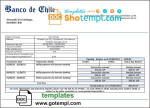 editable template, Chile Banco de Chile bank statement template in Word and PDF format