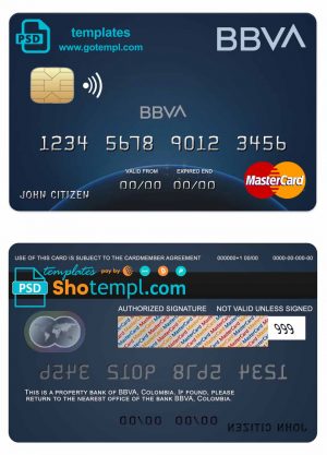 editable template, Colombia BBVA bank mastercard credit card template in PSD format, fully editable