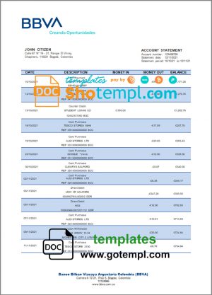editable template, Colombia BBVA bank statement template in Word and PDF format