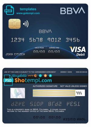 editable template, Colombia BBVA bank visa debit card template in PSD format, fully editable