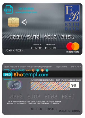 editable template, Comoros Exim bank mastercard credit card template in PSD format, fully editable