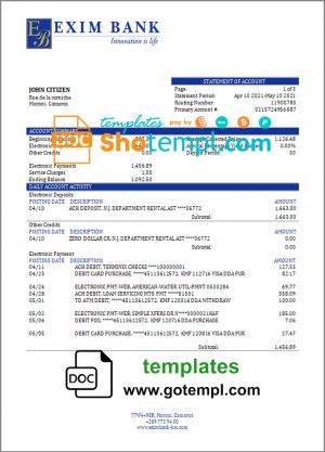 editable template, Comoros  Exim bank statement template in Word and PDF format