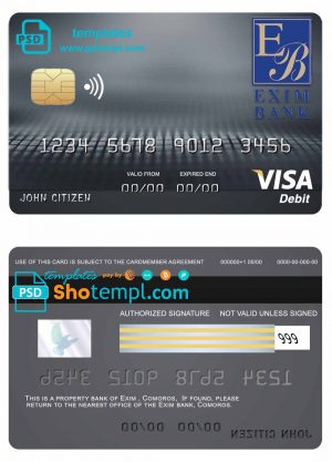 editable template, Comoros Exim bank visa debit card template in PSD format, fully editable