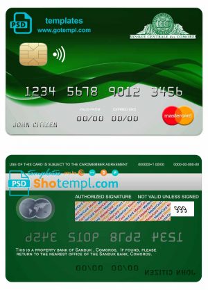 editable template, Comoros Sanduk bank mastercard credit card template in PSD format, fully editable