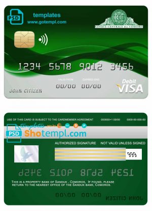 editable template, Comoros Sanduk bank visa credit card template in PSD format, fully editable