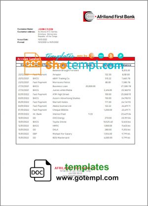 editable template, Congo Afriland First bank statement template in Word and PDF (.doc and .pdf) format