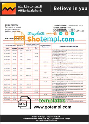 editable template, Congo Credit du Congo bank statement template in Word and PDF (.doc and .pdf) format