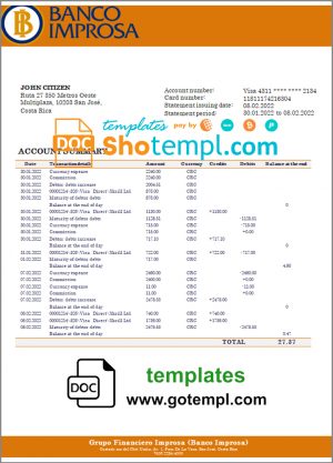 editable template, Costa Rica Banco Improsa bank statement template in Word and PDF format