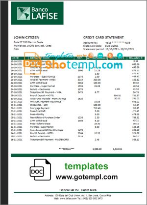 editable template, Costa Rica Banco Lafise bank statement template in Word and PDF format