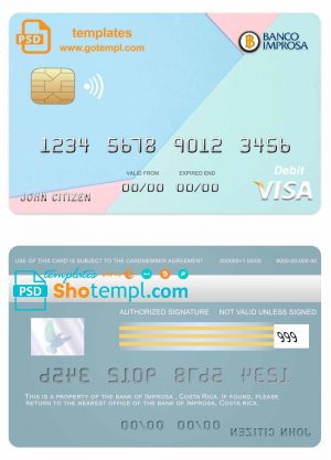 editable template, Costa Rica Improsa bank visa credit card template in PSD format, fully editable