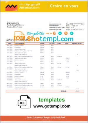 editable template, Cote d'Ivoire Attijariwafa bank statement template in Word and PDF format