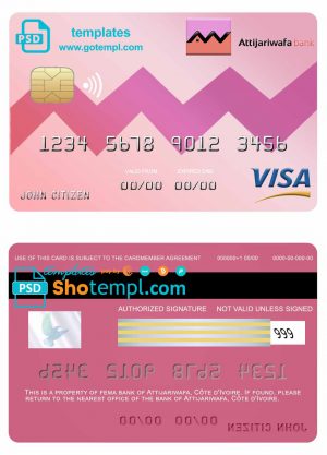 editable template, Côte d&#039;Ivoire Attijariwafa visa credit card template in PSD format, fully editable