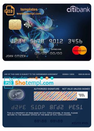 editable template, Côte d'Ivoire Citi bank mastercard credit card template in PSD format, fully editable